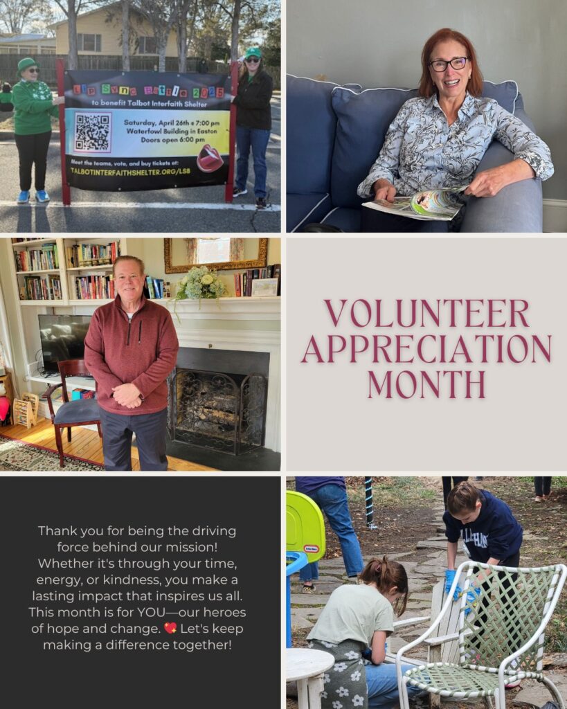 A photo collage featuring two women holding a banner, a woman sitting on a couch, and man standing in front of a fireplace, and two women fixing an Adirondack chair