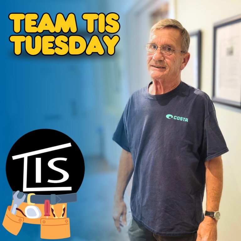 Photo of Alex from TIS maintenance with some graphics around it.