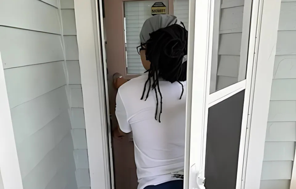 Tiffany opening the door to her apartment